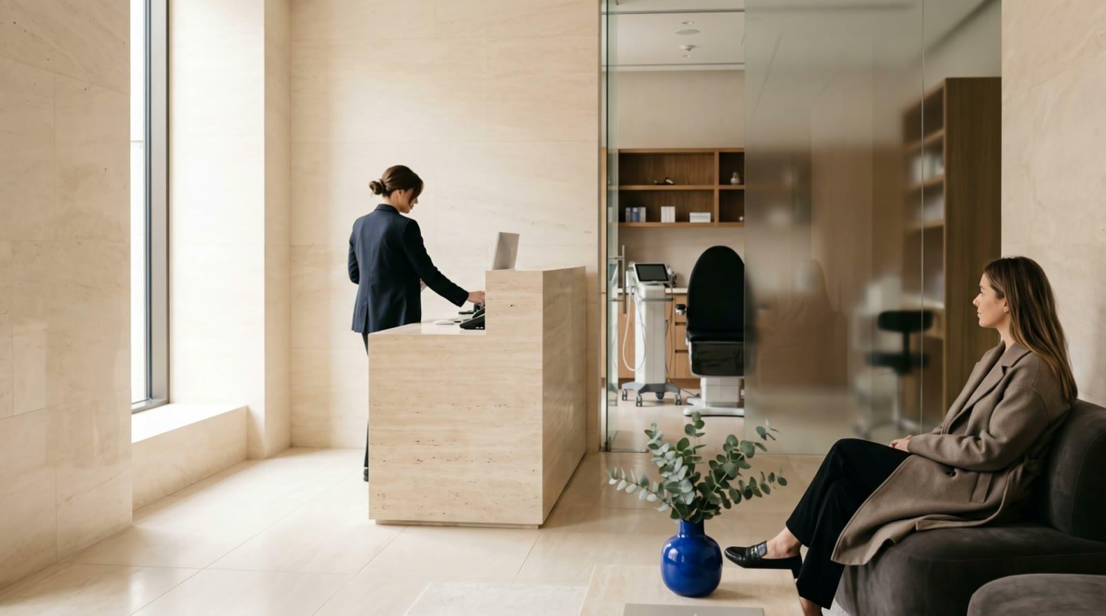 A patient arriving in a med spa lobby